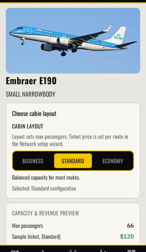 Jetstream Empire fleet screen showing Embraer E190 cabin layout selection and capacity preview