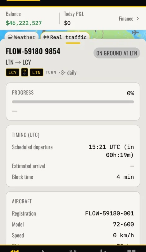 Jetstream Empire flight detail sheet showing ground status, schedule, and aircraft information