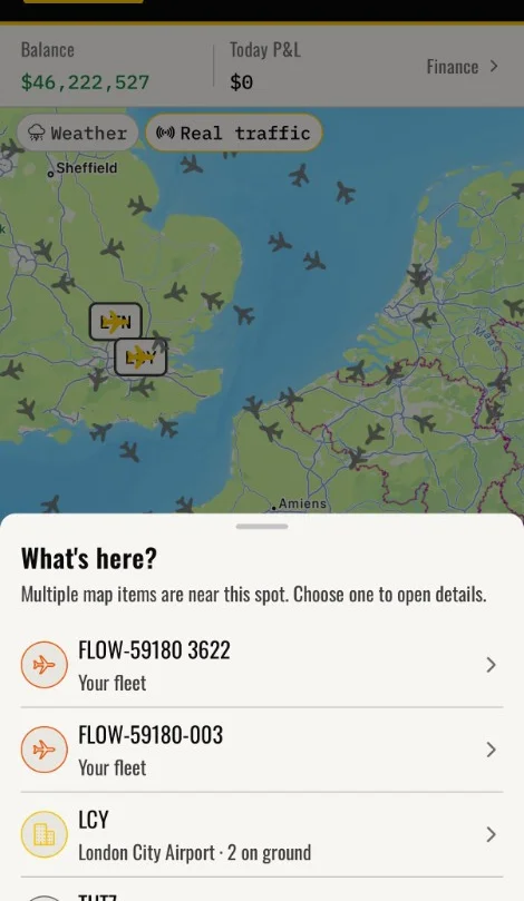 Jetstream Empire map disambiguation sheet listing nearby fleet aircraft, airports, and live traffic