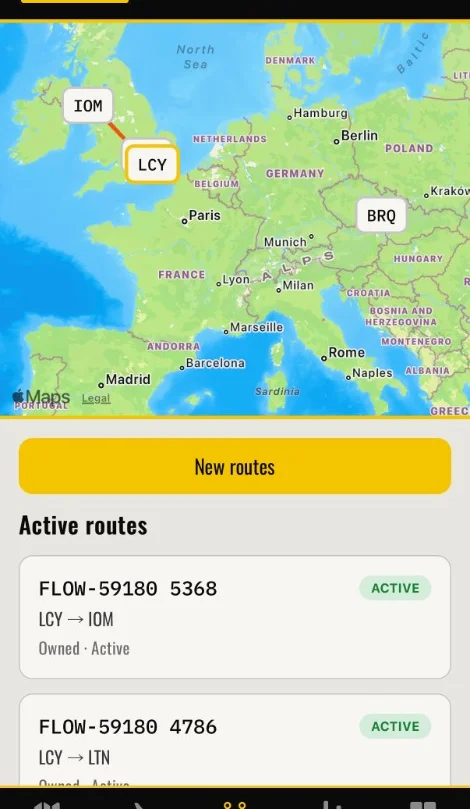 Jetstream Empire network map with active routes connecting airports across Europe