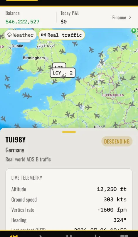Jetstream Empire map showing real-world ADS-B traffic with live flight telemetry