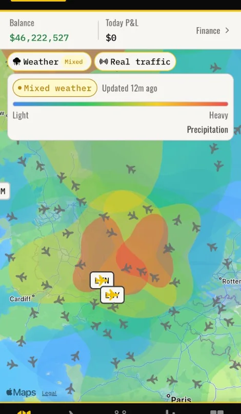 Jetstream Empire live map with OpenWeather precipitation overlay, mixed weather legend, and precipitation intensity scale